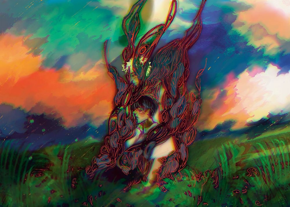 illustration of hikaru and yoshiki from the summer hikaru died, hikaru is dissolving into his other form, enveloping yoshiki. they’re in a teal, orange, and blue sky field with faint lights in the background 