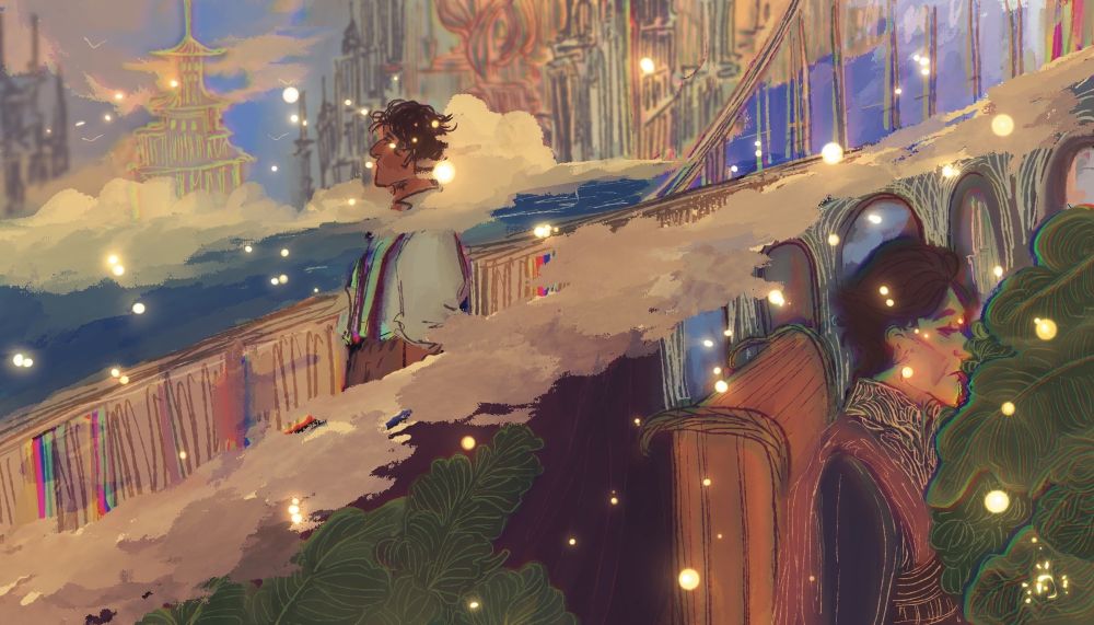 illustration featuring Jayce and Viktor, Viktor is sitting in a elaborate suit partially obscured by plant foliage, while Jayce is partially engulfed by smog as he looks over the city, there are lights dancing around them 