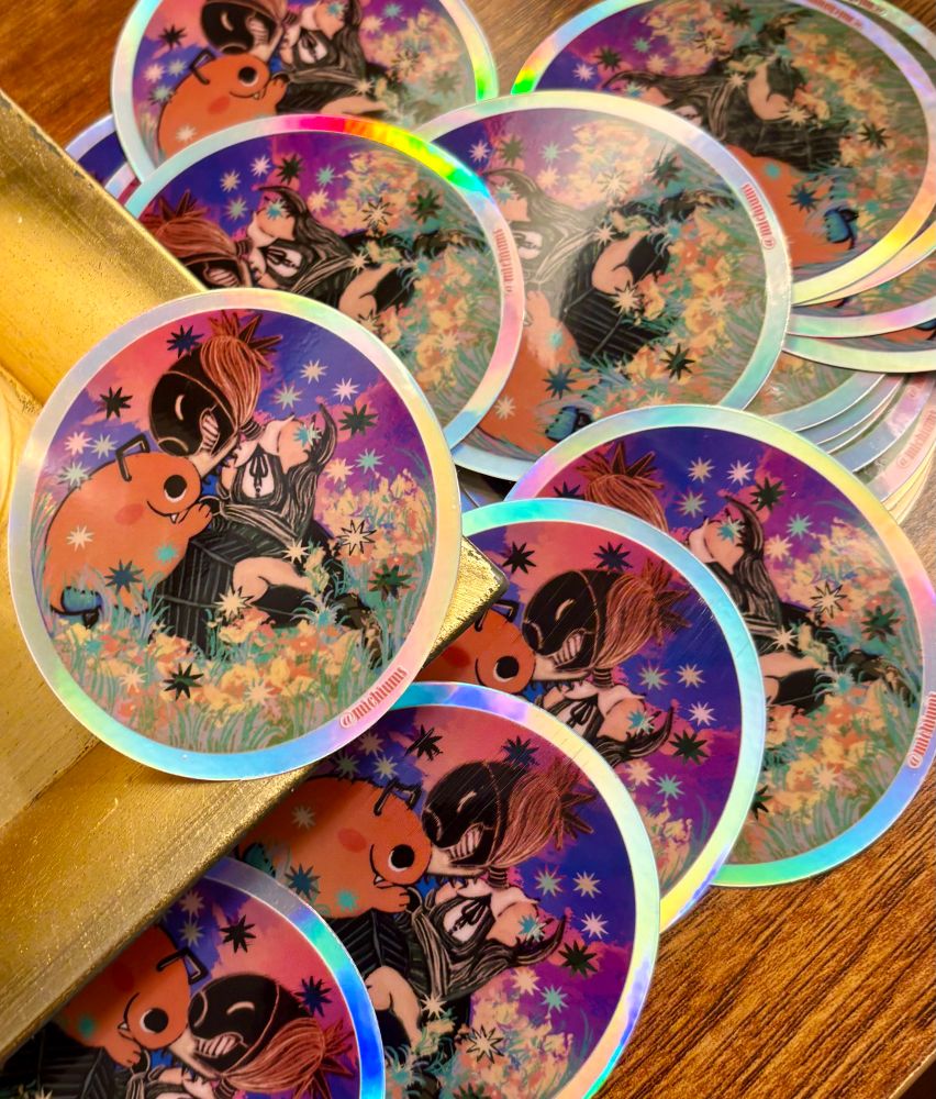 holographic stickers featuring reze and pochita from chainsaw man 