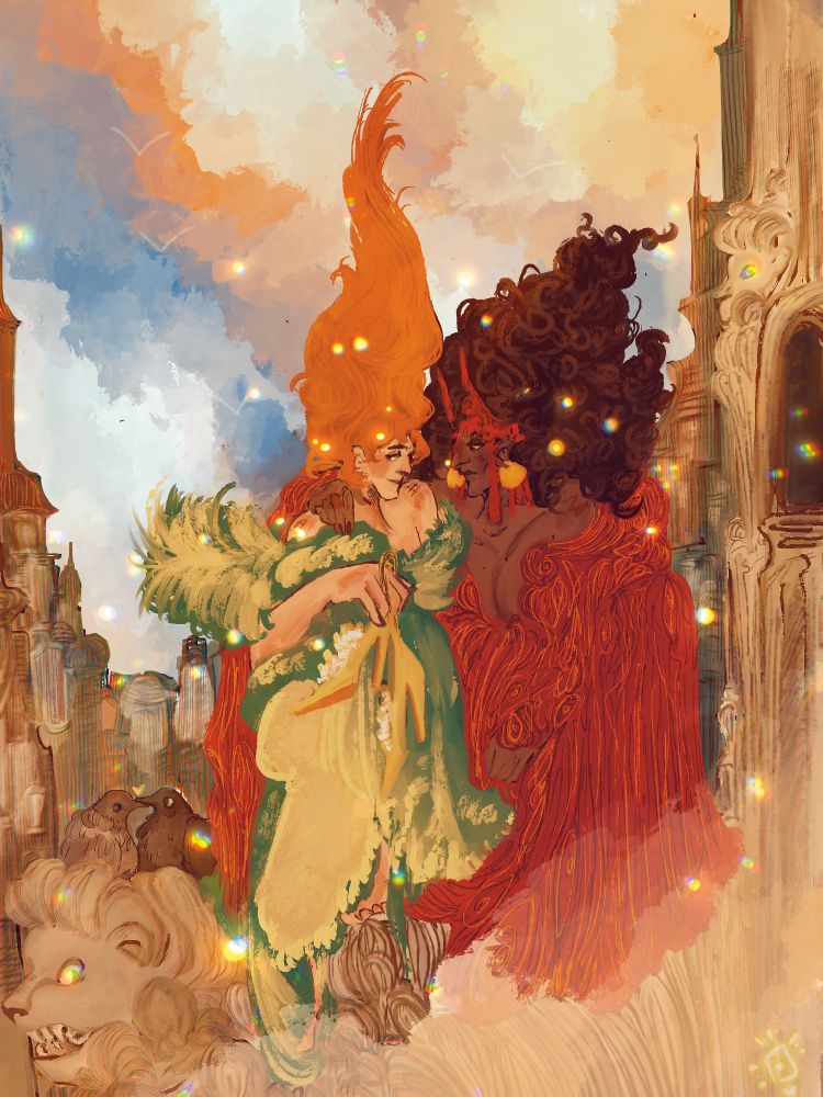 illustration of Jean grey and Wanda maximoff from marvel comics sitting on a building with a cityscape behind them, two pigeons sitting nearby with little lights all around them. 