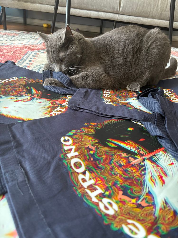 Another photo of the tote bags this time with korjik the cat inspecting them 