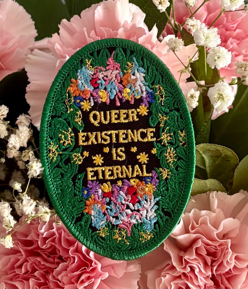 another photo of the patch this time on a pink and white bouquet