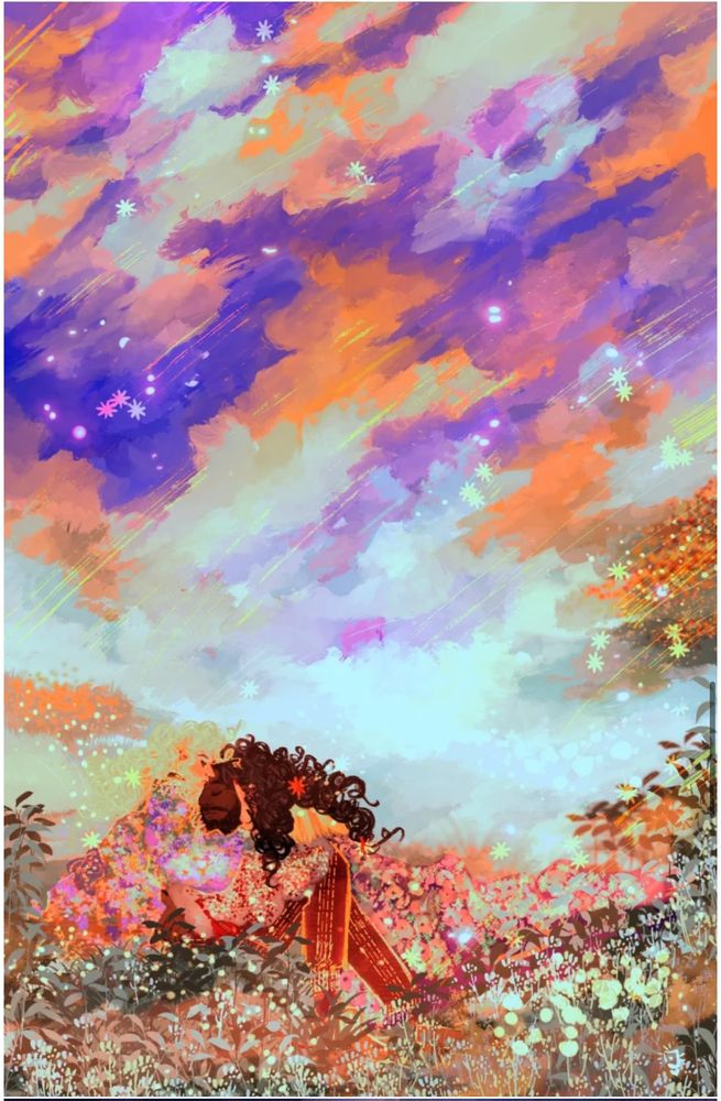 Illustration of Achilles and Patroclus from hades, in a field of flowers 