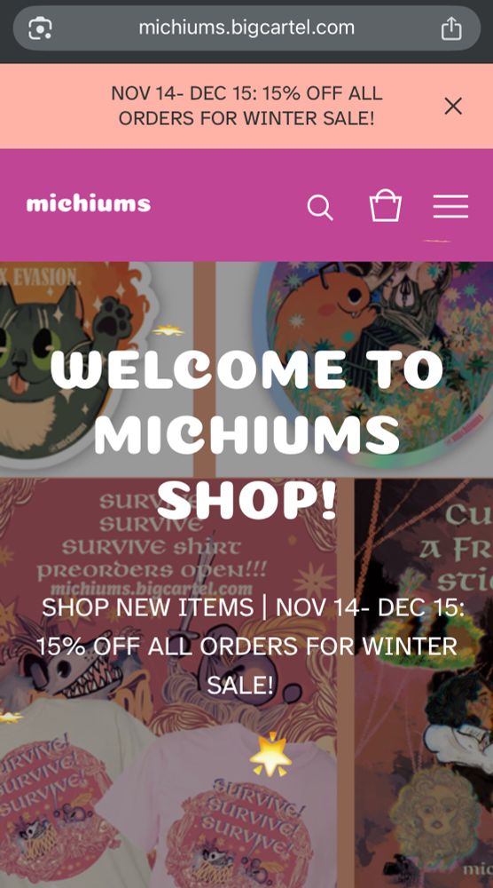 screenshot of michiums shop with lots of new items and 15% off all orders 