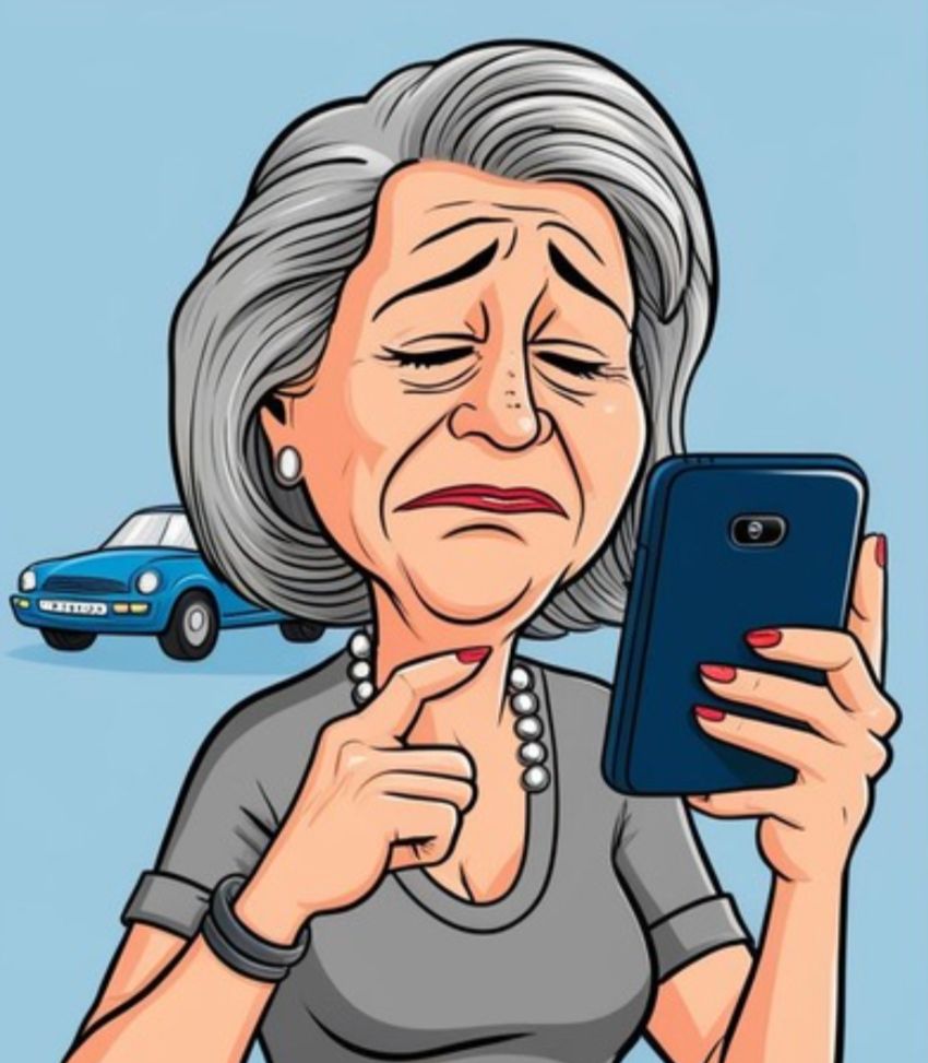 A lady looks at her phone, annoyed