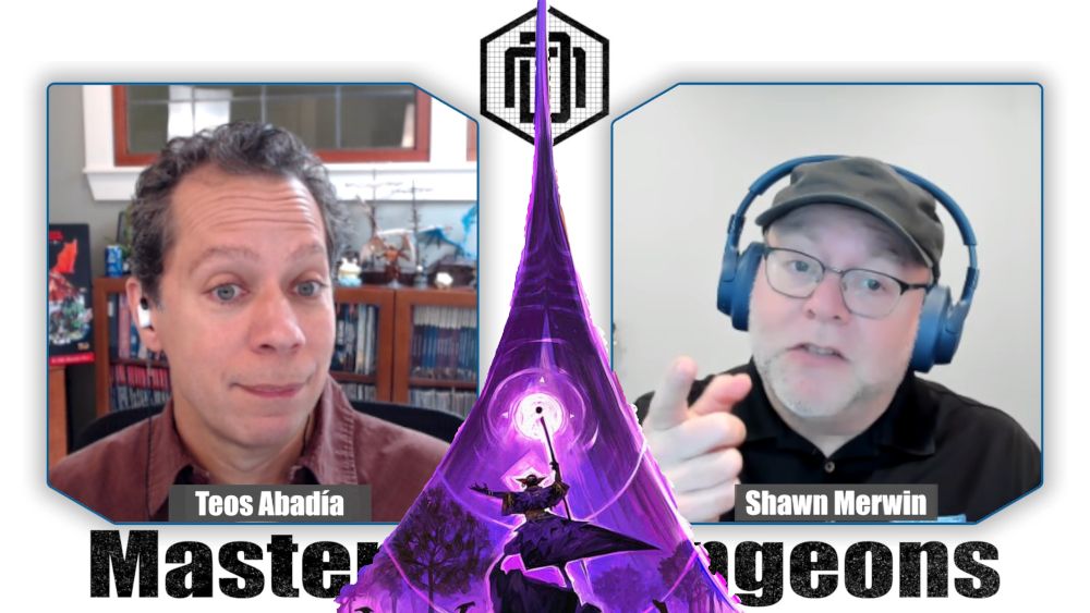 Teos has an inquisitive face and Shawn is pointing. An image from Daggerheart of a spellcaster summoning purple energy is superimposed between them.