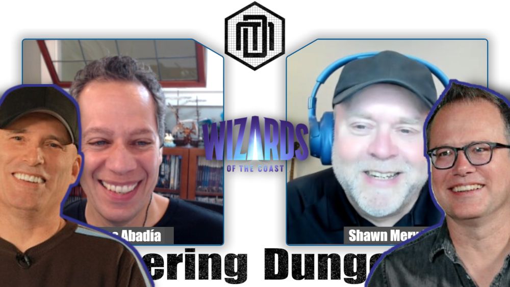 Teos and Shawn are all smiles as they discuss how the new D&D jobs are just like those of former staff Chris Perkins and Jeremy Crawford. Their images are superimposed on either side.