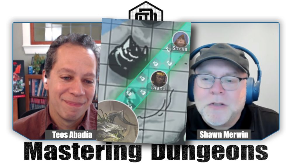 Shawn describes the new D&D Maps functionality and Teos is smiling. An image is superimposed of a battlemap with a black dragon breathing a line of acid at Diana and Sheila, from the D&D cartoon.