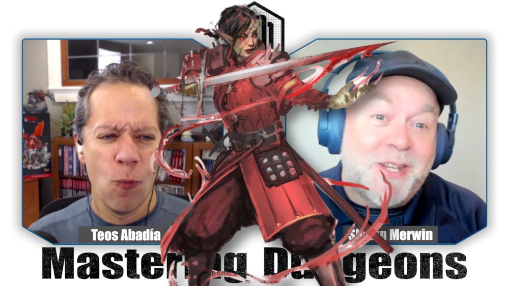 Teos and Shawn seem impressed and happy. An image of Daggerheart's new Blood Hunter class is superimposed between them.