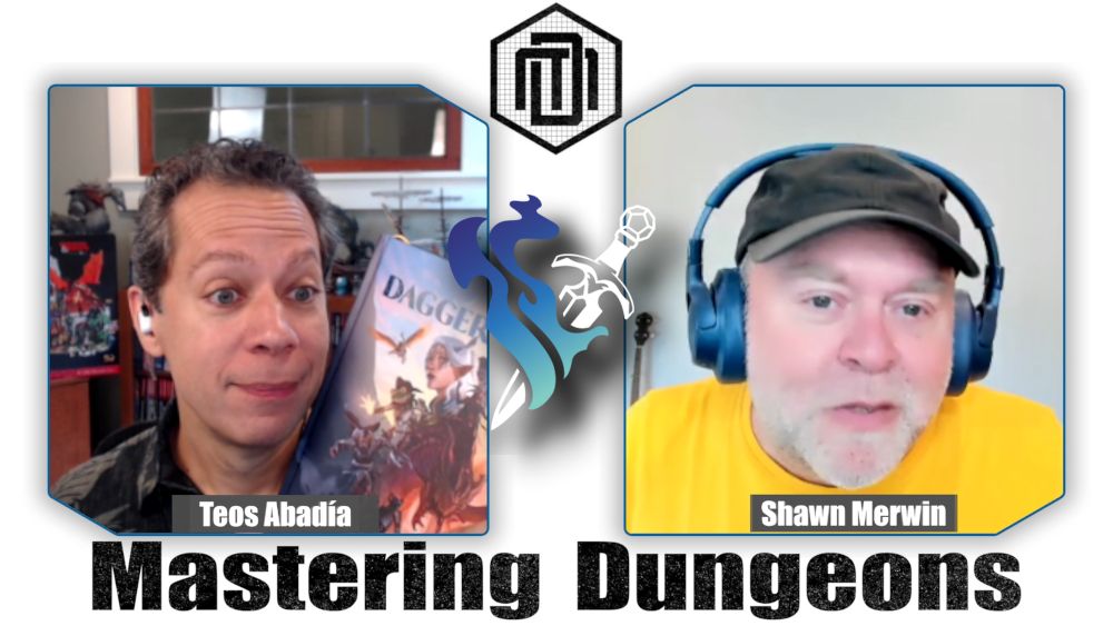 Teos holds up the Daggerheart core book, while Shawn prepares to discuss character creation.