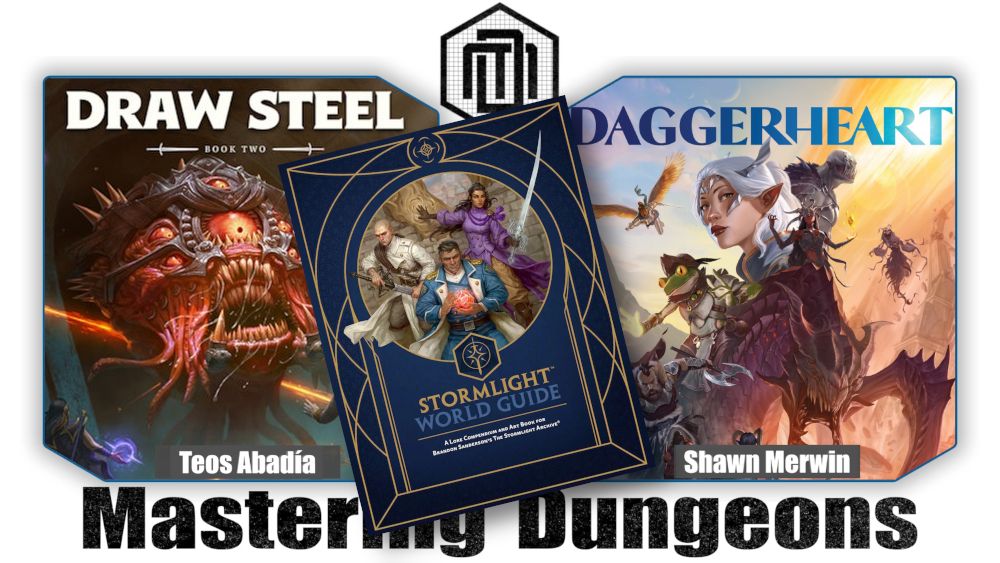 Teos and Shawn's images have been replaced by Draw Steel and Daggerheart books. Superimposed in between is the Cosmere DM guide.