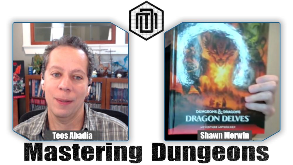 Shawn holds up the Dragon Delves book while Teos admires the cover filled with dragons.