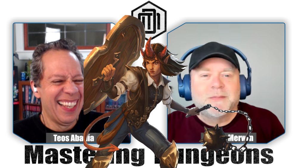 Shawn causes Teos to crack up. A Daggerheart RPG image is superimposed of a female Infernis warrior wielding a morning star and shield. It looks like she is bashing Teos in the head, which he probably deserves.