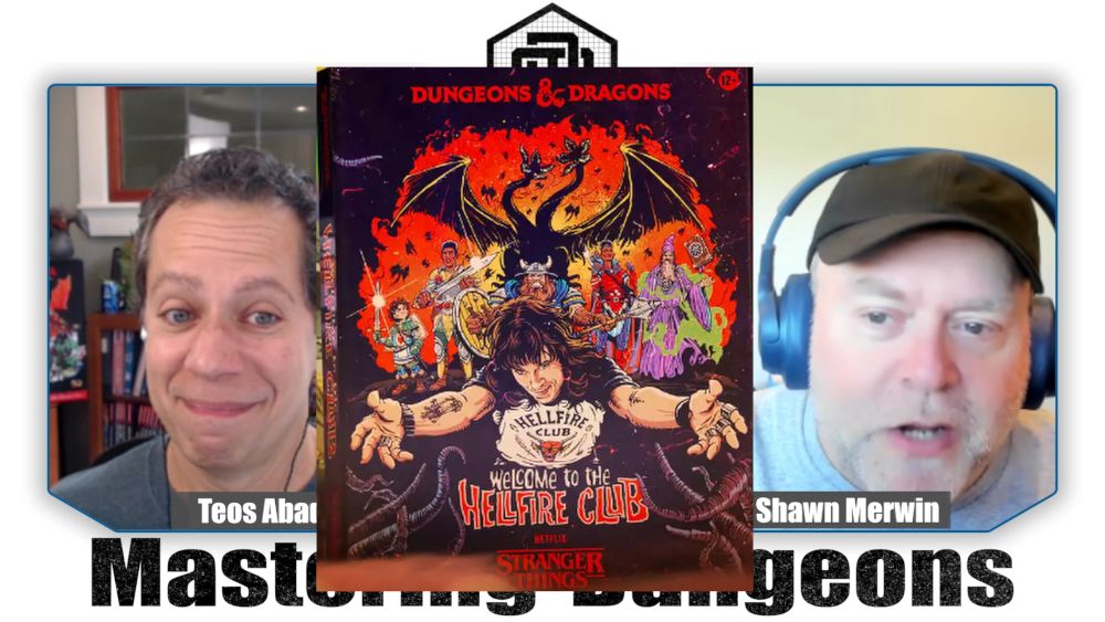 Shawn and Teos are lookin at the cover of the Stranger Things boxed set, which is superimposed between them.