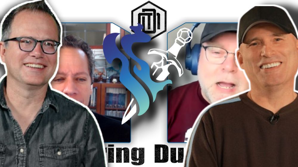 Teos and Shawn are leaning forward while images of Chris Perkins and Jeremy Crawford are superimposed on either side. A Daggerheart icon is between them.