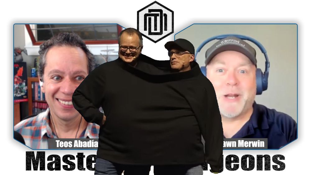 Shawn and Teos look amazed and gleeful. Superimposed between them is an image of Chris Perkins and Jeremy Crawford from Gen Con, the two of them wearing a single dark shirt joining them together.