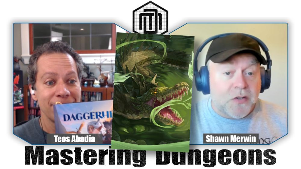 Teos holds up his Daggerheart book as Shawn discusses monsters. An image of a crocodile is superimposed between them.