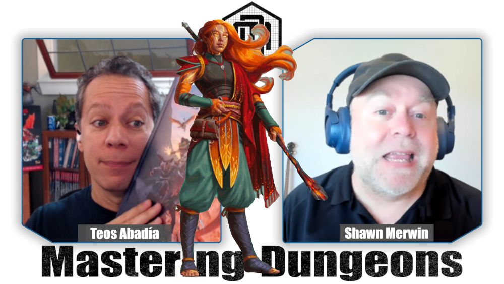 Shawn excitedly discusses his Daggerheart character while Teos holds up the book. An image of a fiery character is superimposed between them.