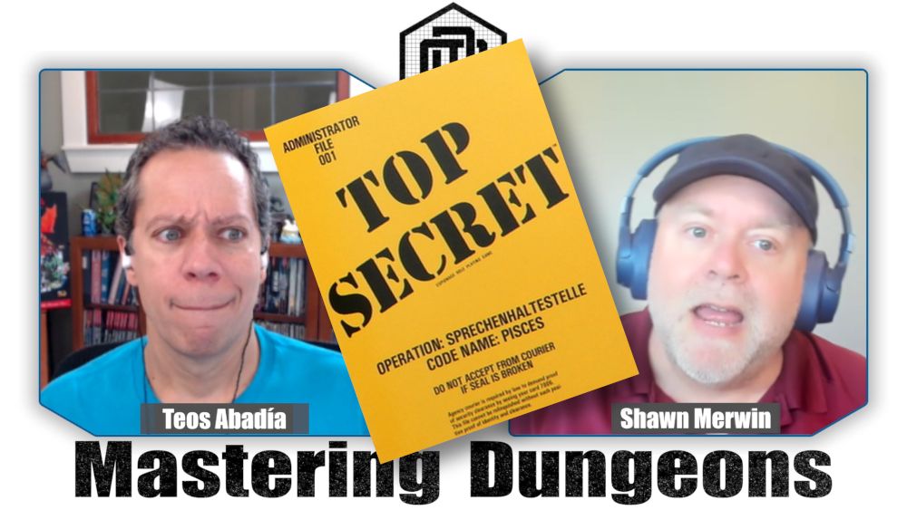 Shawn discusses his favorite Top Secret adventure. A cover of Sprechenhaltestelle is superimposed between him and Teos.