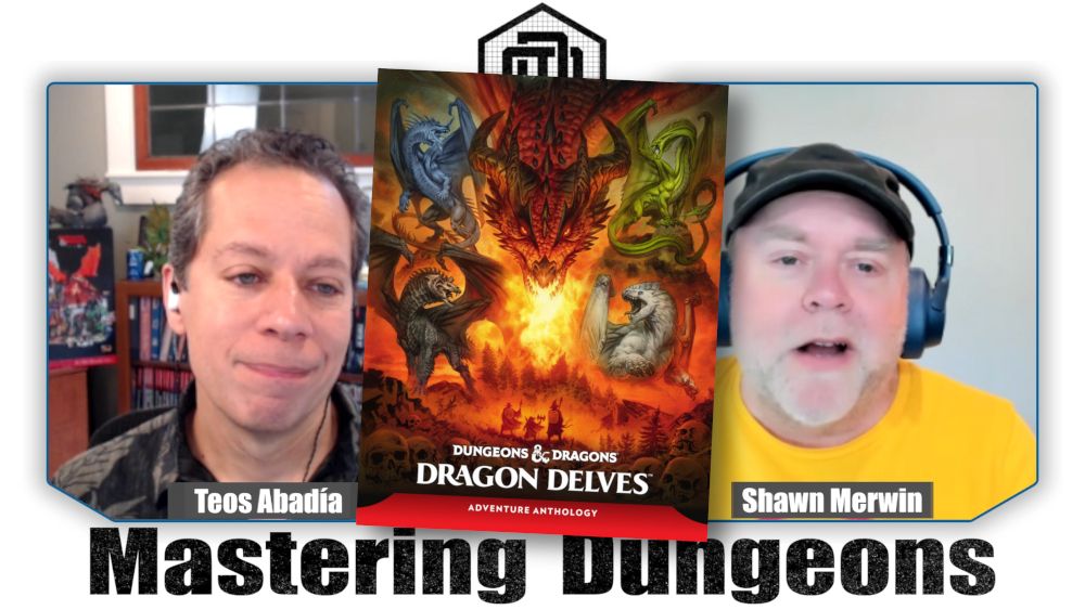 Teos and Shawn gaze upon the cover for the Dragon Delves D&D book.