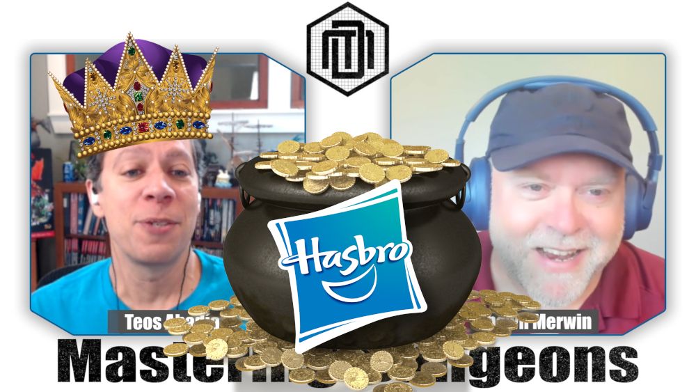 Teos wears a crown as he pretends to be Hasbro's CEO. Shawn is smiling. A superimposed image shows a pot of gold and the Hasbro logo.