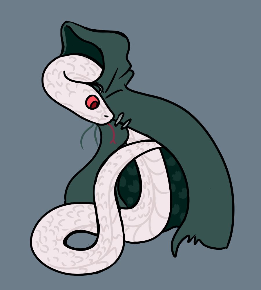 a digital drawing of a white snake with red eyes wearing a green hooded cloak lined with tiny pockets. He is peering into the cloak and rifling through a pocket with his tail tip
Character credit to @vonderdevil.bsky.social