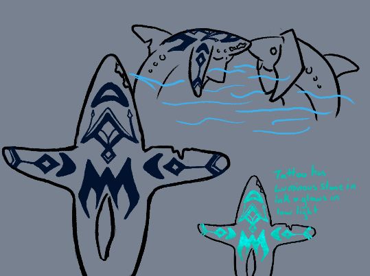 a drawing of a top down view of the head crest of a botw stylized Zora with a dark blue elegant tattoo a smaller image of the design to the side with a bight teal green glow and the words 'Tattoo has luminous stone in ink & glows in low light' in the top corner is a simplified profile view of the zora's head just peeking out of water and touching crests with another zora