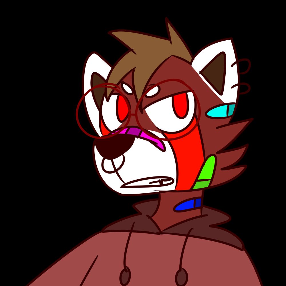 A bust art of a red panda fursona with brown hair, red eyes, circle glasses, a nose ring, and multicolored bandages on the red panda's face. The Red panda looks displeased 