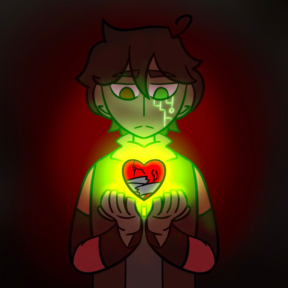 Picture of my oc, Phillip Karsen-Lu, he is a darker skined male with nessy brown hair wearing a green bandanna and a red jacket with a green sash over his body, and his shirt is grey. He has heterochromia with his right eye being brown and his left green. His left eye has a circuit pattern trailing down his face. His hands are up, holding a glowing heart that has cracks and tape holding it together.  