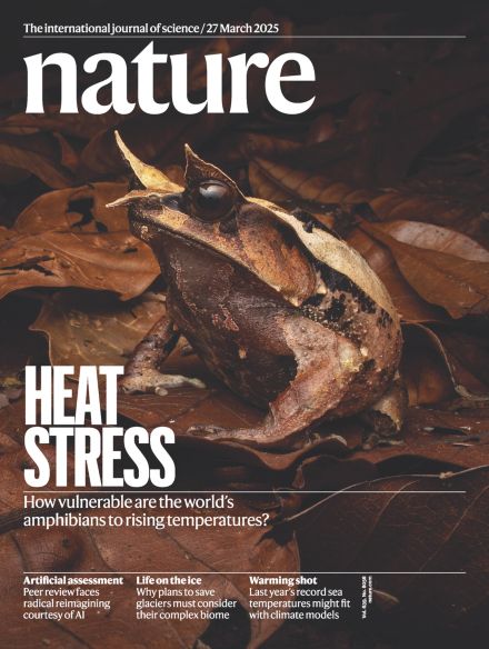 Cover of the journal "Nature" showing a long-nosed horned frog on leaf litter and the words "Heat Stress: How vulnerable are the worlds amphibians to rising temperatures?"