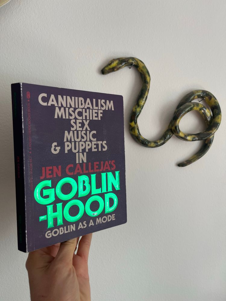 A purple book with shiny green foil letting held up against a white wall next to a green ceramic snake 