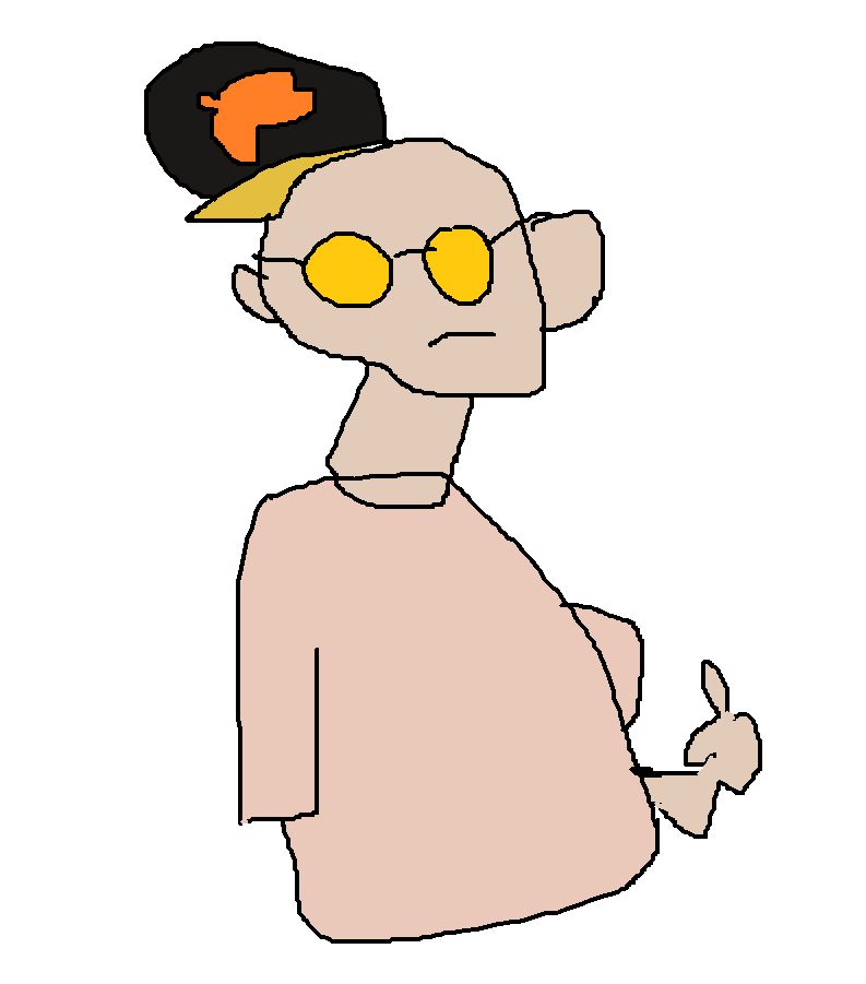 Poorly drawn white person wearing a light pink shirt, tiger hat, yellow-tinted glasses.