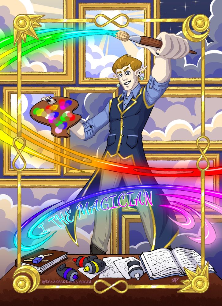 A Magician tarot starring Jesper Inkwell, a half-high-elf wizard and artist. He stands before paintings of clouds and sky, surrounded by glowing colorful swirls of paint. His expression is determined and satisfied. The bottom of the frame shows books and sketches and paint tubes, all part of his process.