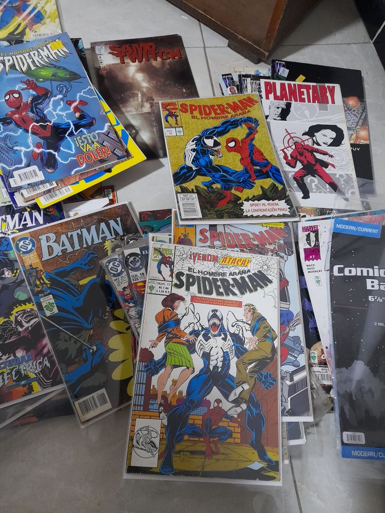 Varios cómics, algunos embolsados y con cartones de respaldo.