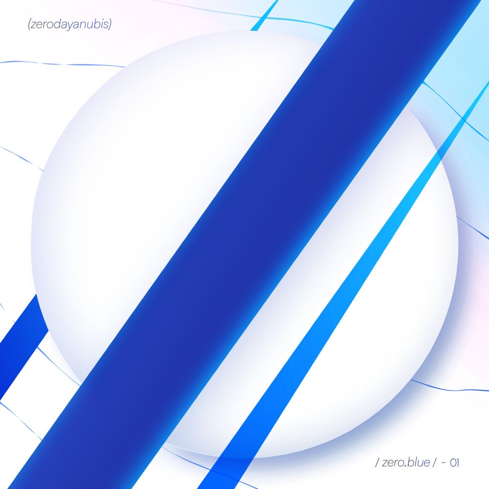 A well-shaded whitish orb, streaked by a massive blue diagonal pillar and a sharp, lighter blue spike, with another spike underneath, over a gradient light pink to light blue background.