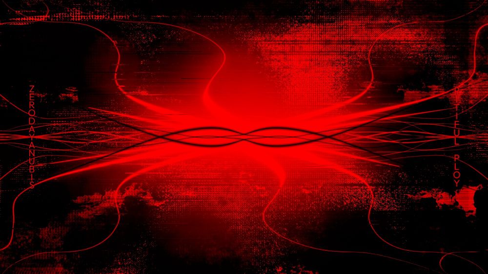 Wild red tendrils flee outwards from a center of black string and a glowing mass, over a backdrop of dark red clouds