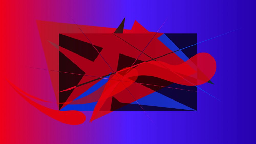 Abstract triangles of red and blue cut up by lines of inverse color, with three looming bubbles, over a big backdrop of a red to blue gradient