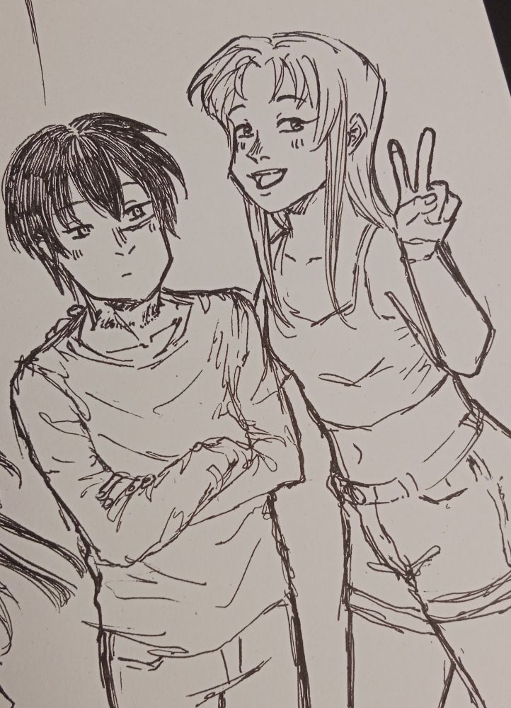 Messy pen sketch of two teen characters posing for a photo.
The one on the left has black, short hair, and wears a shirt and long jeans, his arms crossed. He has a fine scar under his eye. He seems a bit serious, maybe embarrassed. His eyes look to the girl next to him, who is laying a hand on his right shoulder. She has long hair and wears a top and shorts, smiling and looking directly to the camera while making a peace sign with her left hand.