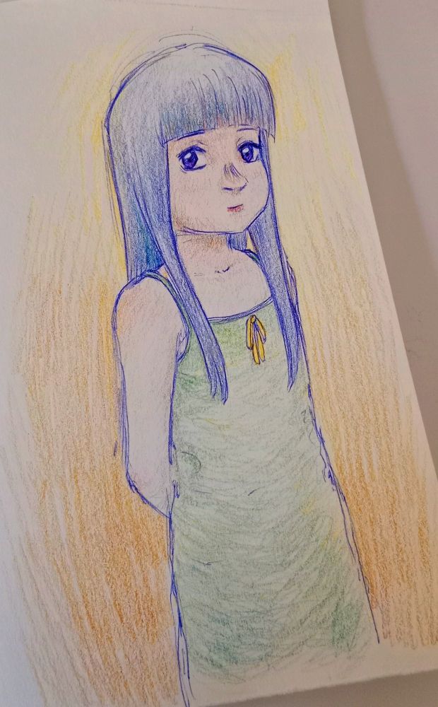 Blue pen sketch of Rika Furude in her usual green dress, still standing and looking to the camera. Colored with color pencils.