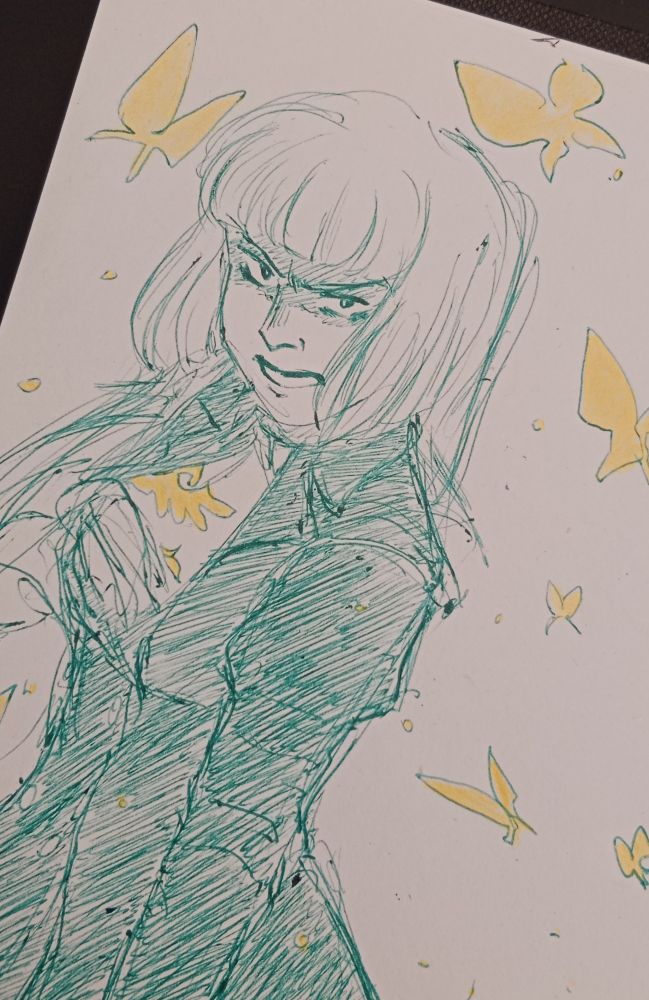 Green pen sketch of Rosa Ushiromiya with an angry expression, surrounded by golden butterflies