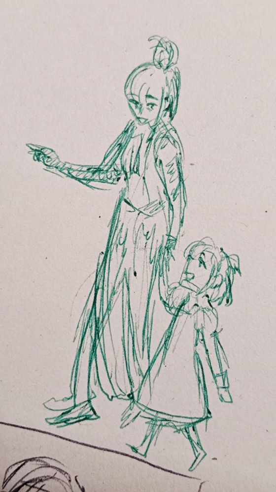 Boceto en boli verde de Eva y Ange (pequeña) paseando agarradas de la mano con actitud alegre