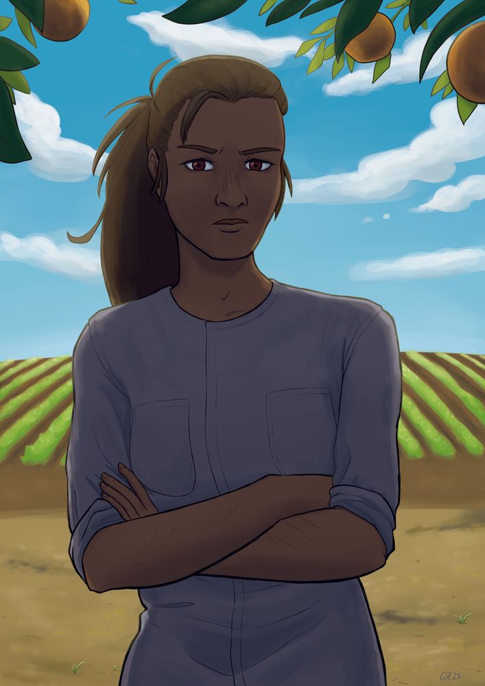 Digital art. Half body illustration of a girl in a sunny field. She has her hair tied up in a ponytail and is wearing work clothes while stands in the center, her arms crossed, looking to the camera with a severe expression. She probably is under some kind of fruit tree, as there are some green leaves and orange fruits in the top part of the illustration. Behind her we can see a blue sky with some clouds passing by and many green meadows.