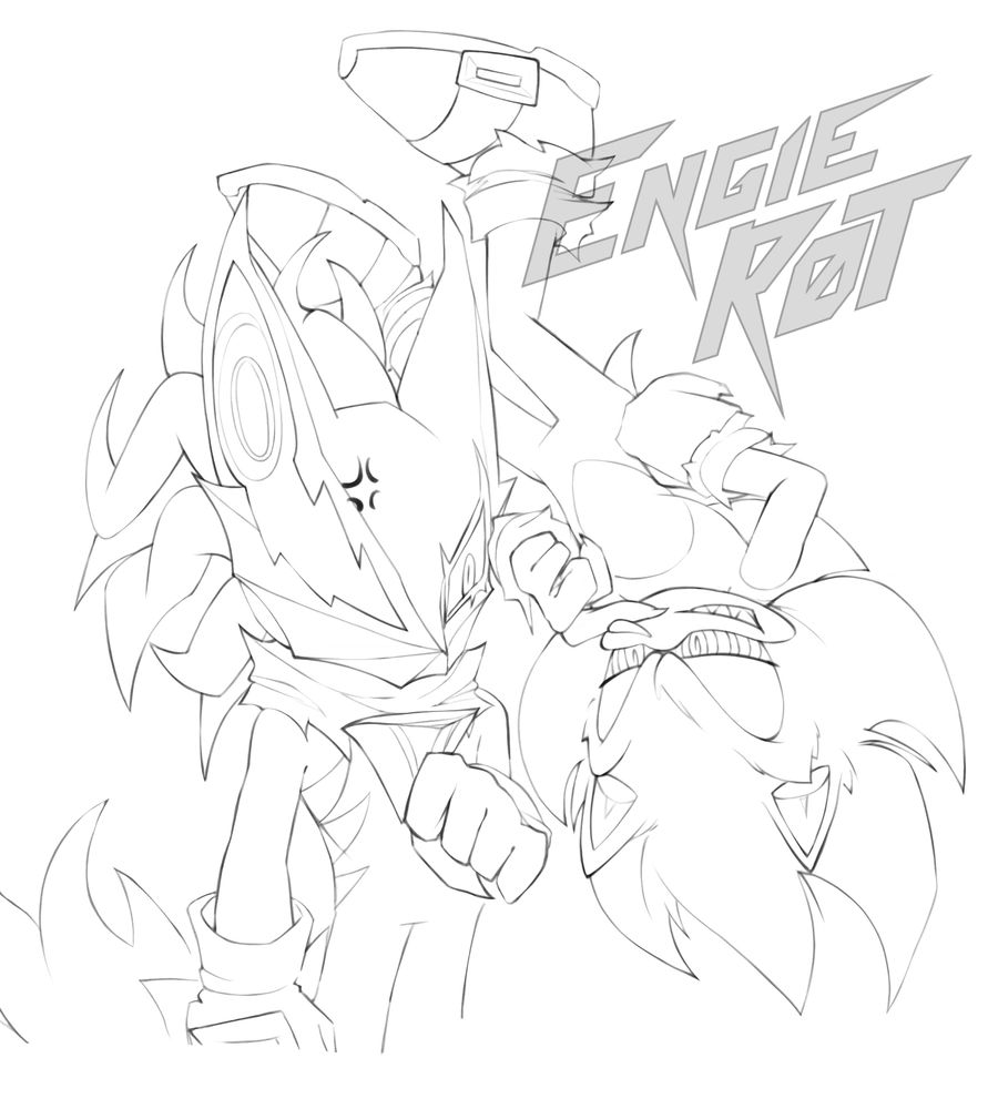 a sketch of Infinite and evil Super Sonic (from the fleetway published comic run). Super is floating upside down in the air and smirking at Infinite coyly. Infinite has a hand up in front of him as if to put space between him and Super, and he looks quite irritated by Super's presence  