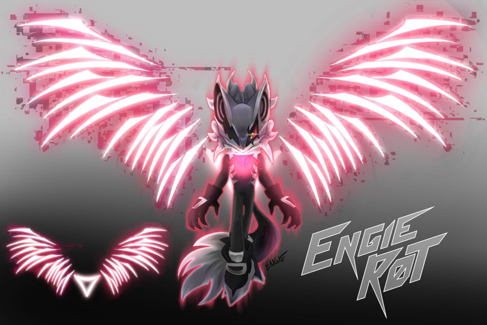 infinite floating in a black and grey gradient void. the phantom ruby on his chest is brightly lit, and there are equally bright wings made of light and generated by the ruby to either side of him. the reddish-pink light they give off is pixelated due to the nature of the ruby's effect