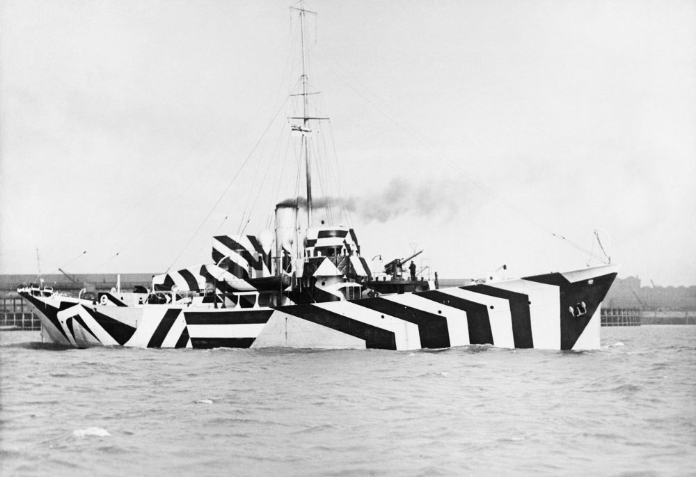 A WW1 ship in dazzle camouflage 
