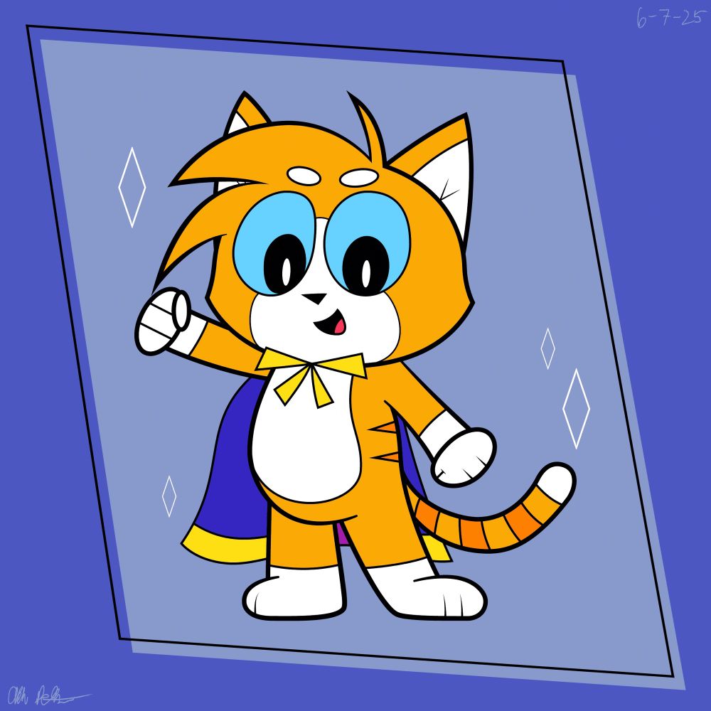 Picture of an orange cat standing up, wearing a blue and purple cape behind him.