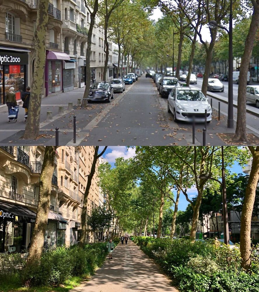 Vorher/Nachher Bild aus Paris.
Oben: Straße mit parkenden Autos links und rechts
Unten: Selbe Straße autofrei mit Vielen Pflanzen und Bäumen 