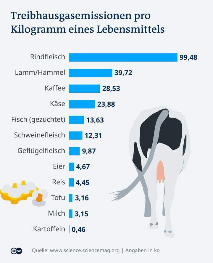 Treibhausgasemissionen pro Kilogramm eines Lebensmittels Rindfleisch Lamm/Hammel Kaffee 39,72 28,53 Käse Fisch (gezüchtet) Schweinefleisch 23,88 13,63 12,31 Geflügelfleisch 9,87 Eier 4,67 Reis 4,45 Tofu 3,16 Milch 1| 3,15 Kartoffeln | 0,46 Grafik von DW Quelle: www.science.sciencemag.org | Angaben in kg