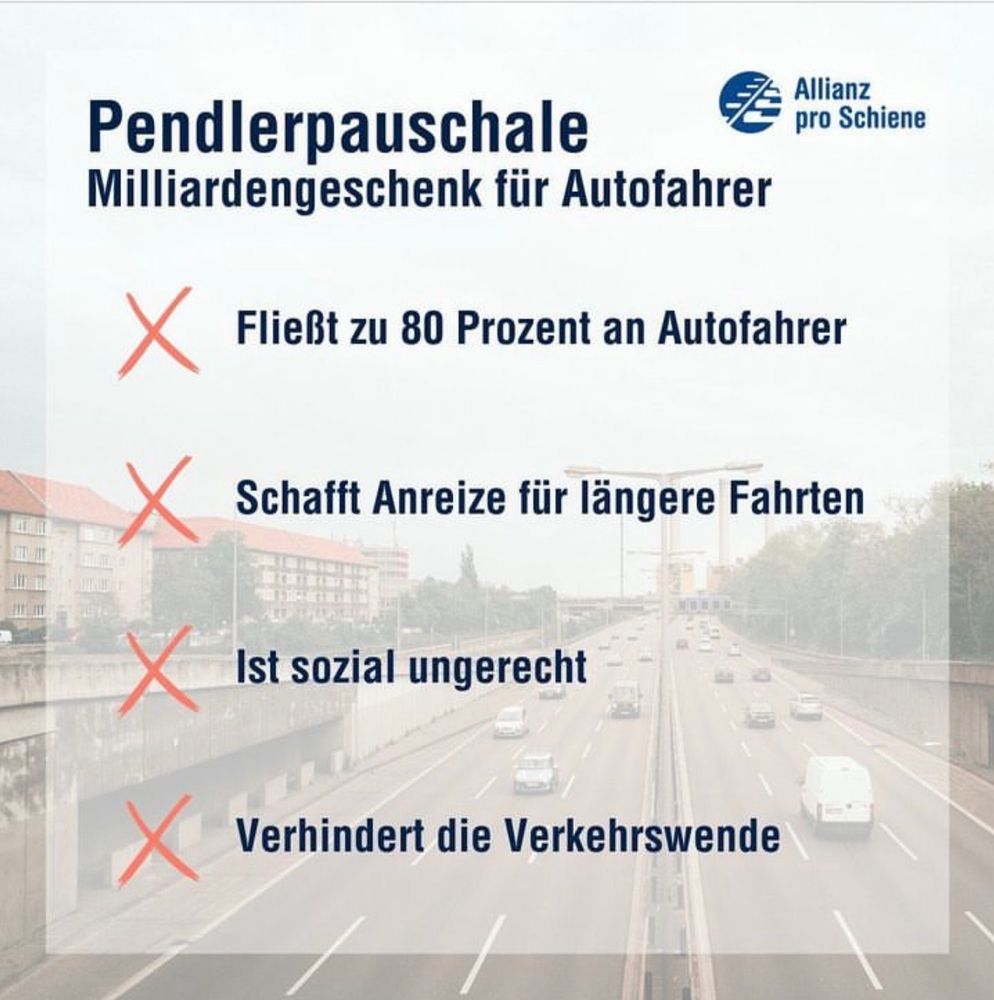 Pendlerpauschale
Milliardengeschenk für Autofahrer

- Fließt zu 80 Prozent an Autofahrer
- Schafft Anreize für längere Fahrten
- Ist sozial ungerecht
- Verhindert die Verkehrswende