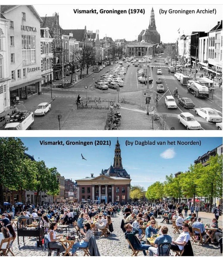 Vorher/Nachher-Bild aus Groningen:
Oben 1974: Zentraler Platz dient hauptsächlich als Autoparkplatz
Unten: Zentraler Platz wird von hunderten Menschen auf Stühlen genutzt